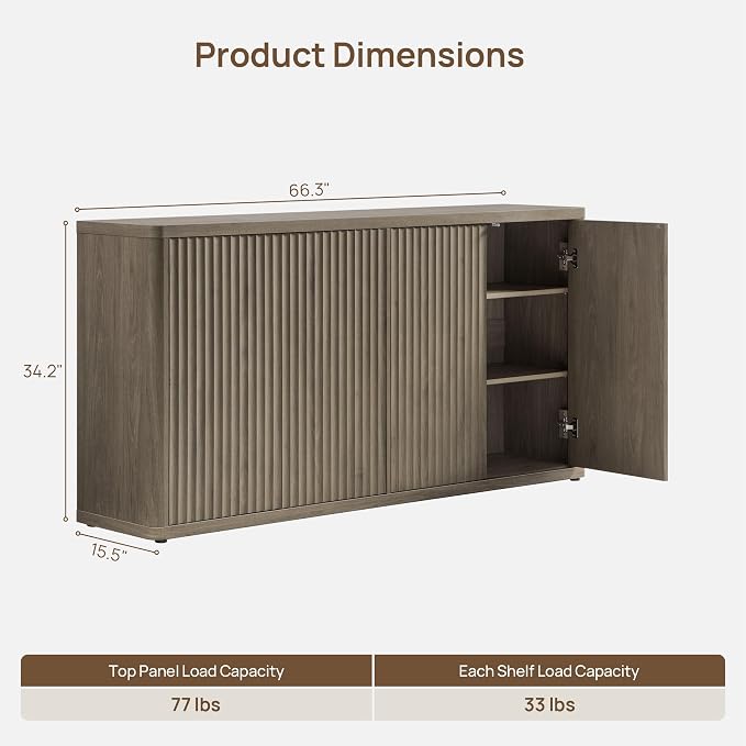 SICOTAS Buffet Cabinet with Storage Accent Sideboard with 4 Doors 66.3" Wide - Image 2