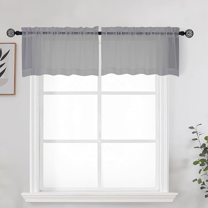Grey Sheer Kitchen Valance for Windows Set of 2, Small Modern Rod Pocket Voile by OWENIE