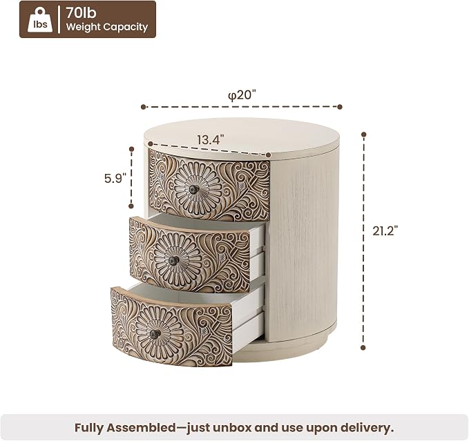 HOMPUS Round End Table Set 2, Fully Assembled Nightstand w 3 Storage Drawers - Image 3