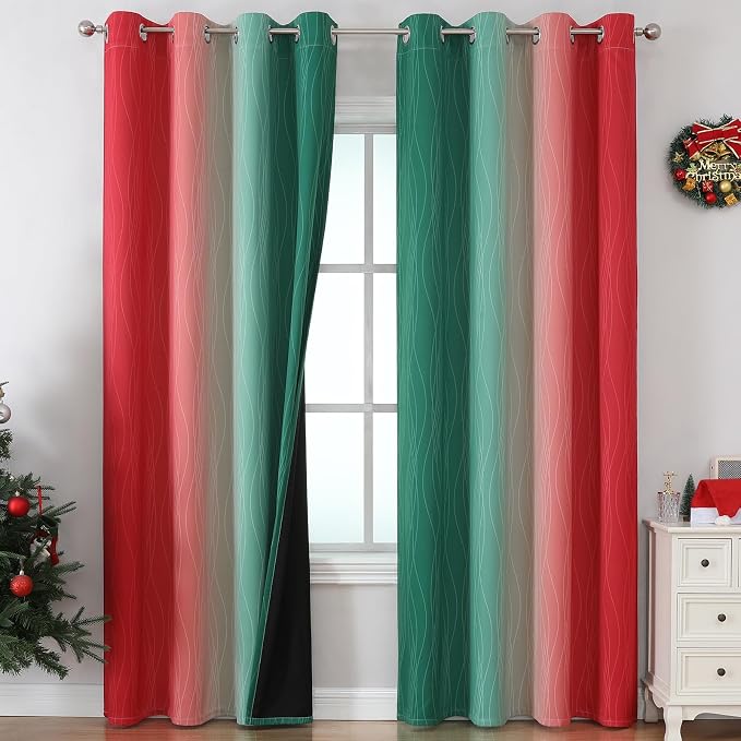 Red and Green Ombre Blackout Curtains 52Wx108L 2 Panels | Ombre Christmas by ESTELARTEXTILER