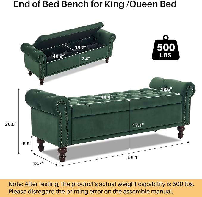SOFTHION 58.1" Storage Bench Upholstered Velvet End of Bedroom Bed Bench Ottoman - Image 2