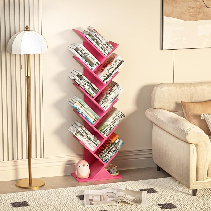 SHEEPAM 10 Tier Tree Book Shelf, Floor Standing Wood Bookshelf - Image 5
