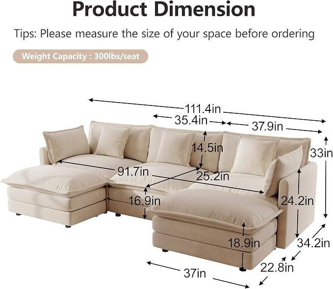mikibama Modular Sectional Sofa, 111.5 Inch U Shaped Couch Set - Image 2