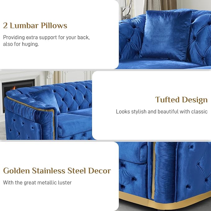 DAMAIFROM Velvet Couch Blue and Gold Sofa Luxury Loveseat 84.6" Mid Century - Image 3