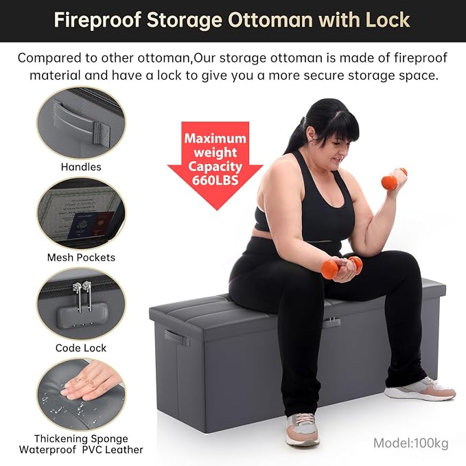 DocSafe Storage Ottoman Bench, Fireproof＆Waterproof Folding Bench - Image 6