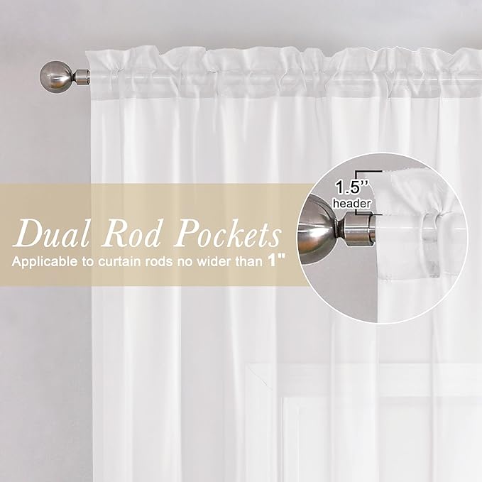 White Sheer Curtains 63 Inch Length 2 Panels, Elegant Voile Drapes - Image 2