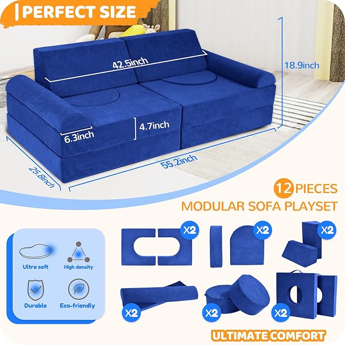 12 Pcs Modular Kids Play Couch – Premium Soft Foam, Removable Cover, - Image 2