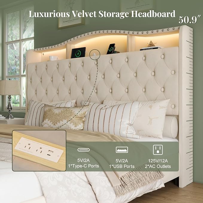 Belffin King Size Bed Frame and Headboard, 50.9" Velvet Upholstered Wingback - Image 3