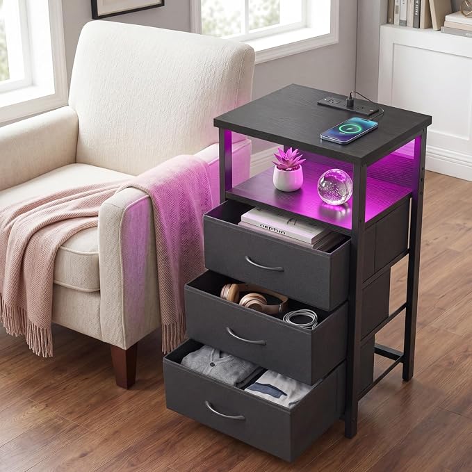 Fixwal Night Stand with 3 Fabric Storage Drawers, LED Nightstand with Charging - Image 6