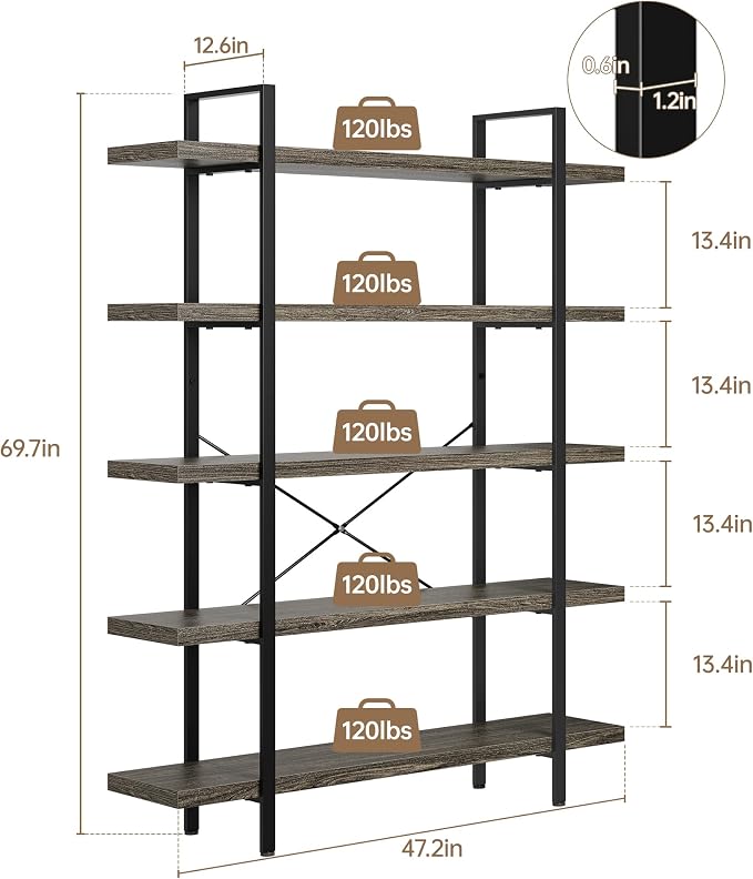 OtterOasis Heavy Duty 5-Tier Industrial Bookcase, 120lbs Shelf Capacity - Image 2