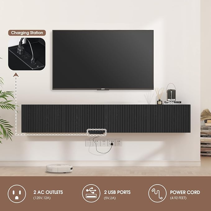 71” Floating TV Stand with LED Lights & Charging Station, Floating Media - Image 6
