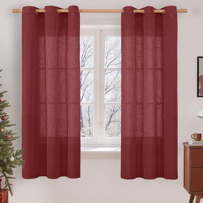 Burgundy Red Sheer Linen Curtains 63 Inch Length, Linen Textured Light by LAMIT