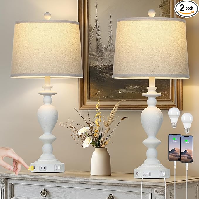 Cinkeda 28" White Farmhouse Table Lamps Set of 2 by Cinkeda