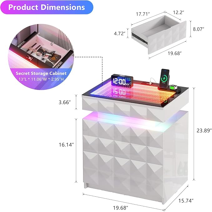 HWB Nightstand with RGB Lights, 3 Drawers Night Stand with Hidden Storage - Image 2