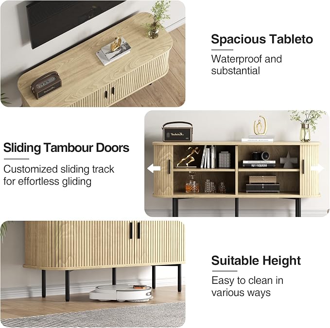 55''W Natural Storage Cabinet, Media Console, Tambour TV Stand, Television - Image 4