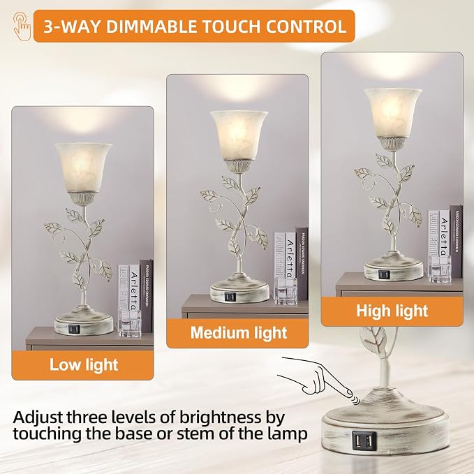 Rustic Touch Table Lamp for Bedroom, 3-Way Dimmable Nightstand Lamp - Image 3