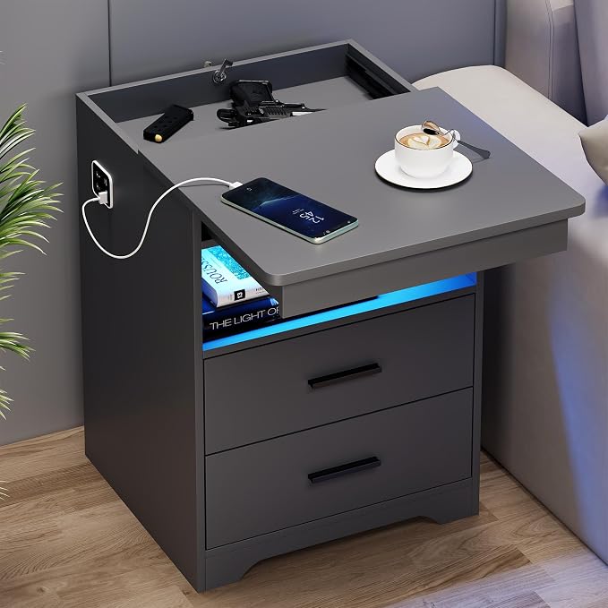 Nightstand with Gun Drawer, Charging Bedside Table with USB & Type-C Port by FREDEES