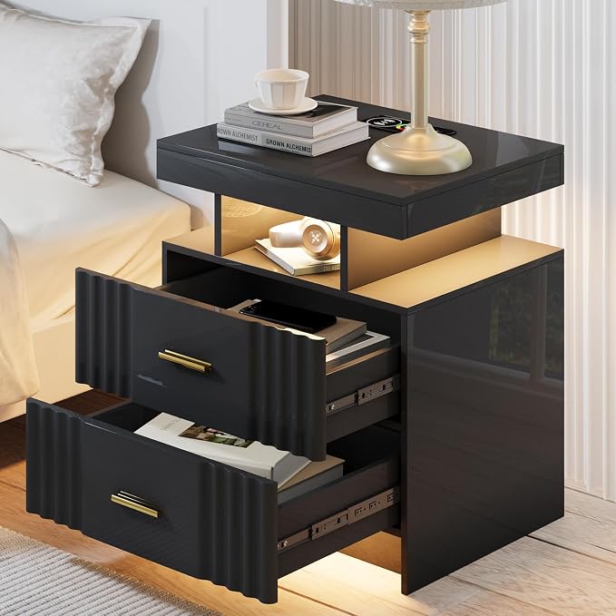 Nightstand with Wireless Charging Station, Smart Night Stand with 2 Drawers - Image 9