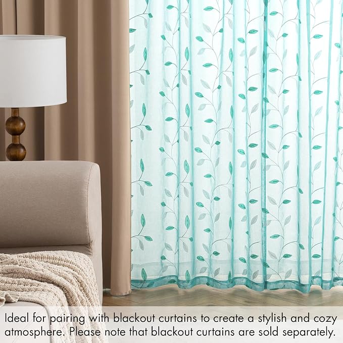 MIULEE Turquoise Sheer Curtains 2 Panels Leaf Patterned, W52 x L63 | - Image 7