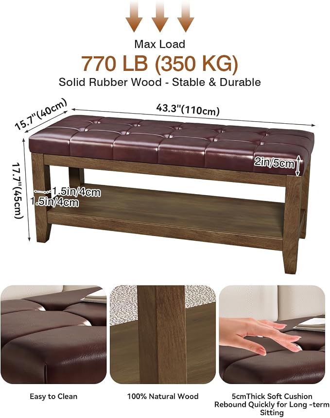 ABHENG Solid Rubber Wood Shoe Bench, Easy-Clean PU Upholstered Seat, 770LB Load - Image 2