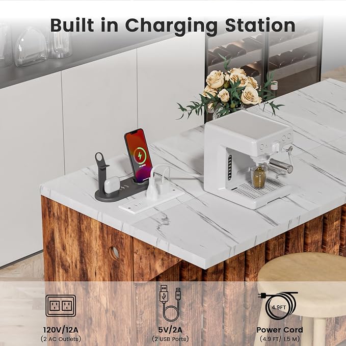 Home Bar Unit with LED Lights and Charging Station, Imitation Marble Mini - Image 6