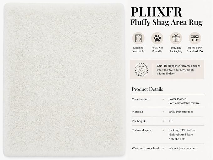 PLHXFR 5x7 Area Rugs Living Room: Fluffy Bedroom Rug Shag Carpet White | - Image 9