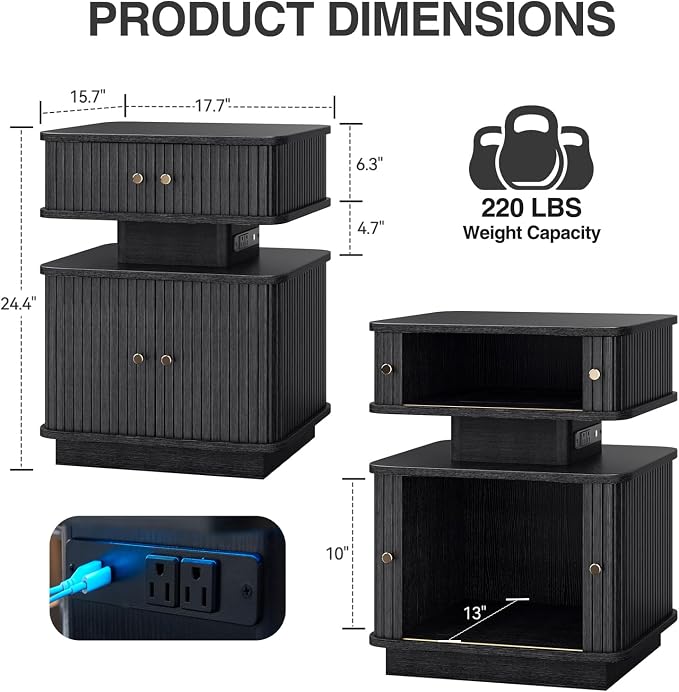 LED Nightstand Set of 2, Fluted Night Stand - Image 2
