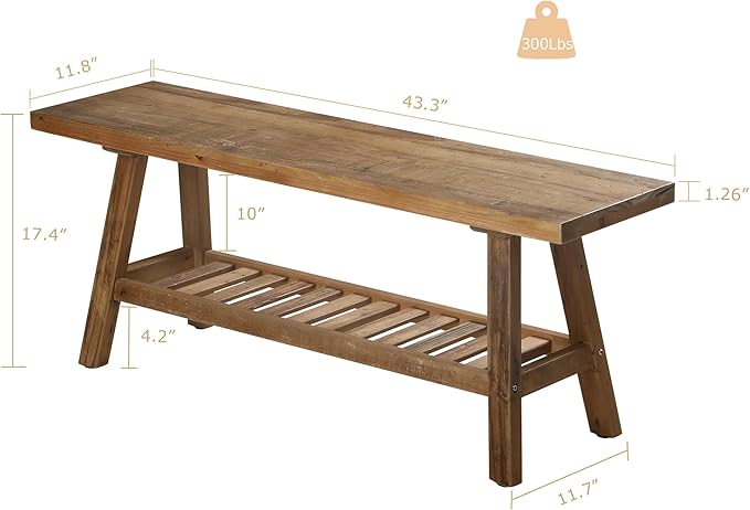 HOKYHOKY Reclaimed Solid Wood Bench-43.3" Farmhouse Entryway Bench - Image 2