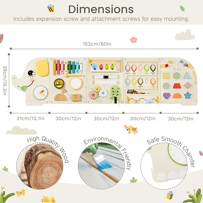 Elephant Activity Wall Busy Board Panels, Wooden Montessori Learning Activity - Image 2