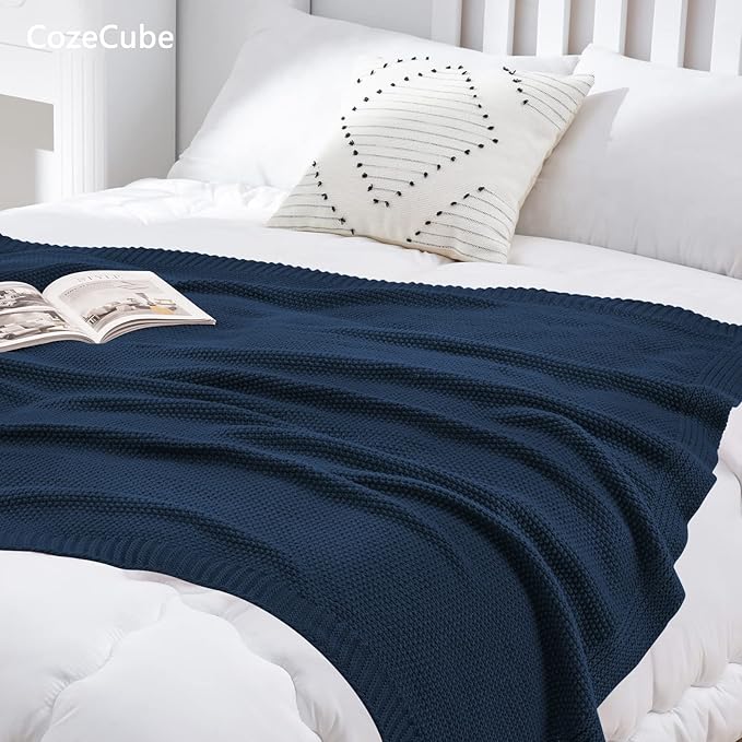 CozeCube Navy Blue Seed Stitch Throw Blanket 60"x80", Farmhouse Decor | Blanket - Image 2