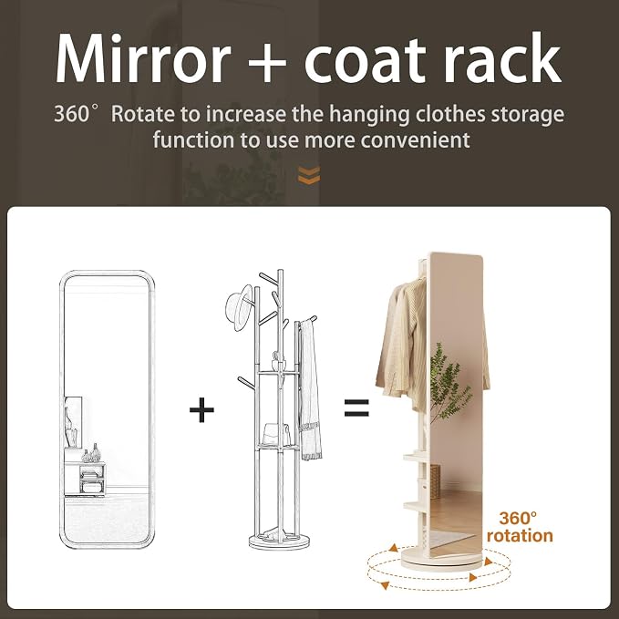 WoodsWhisper Full Length Mirror Coat Rack Solid Wood Floor Mirror 66"x12" Full - Image 3