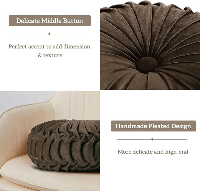 HIG Set of 2 Chocolate Velvet Decorative Round Pleated Throw Pillows | Vintage - Image 3