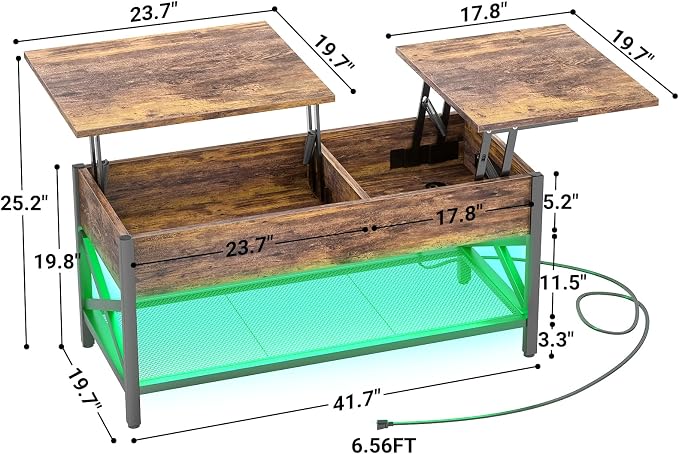 Aheaplus Coffee Table with LED Light and Power Outlet, Modern Lift-Top Center - Image 2