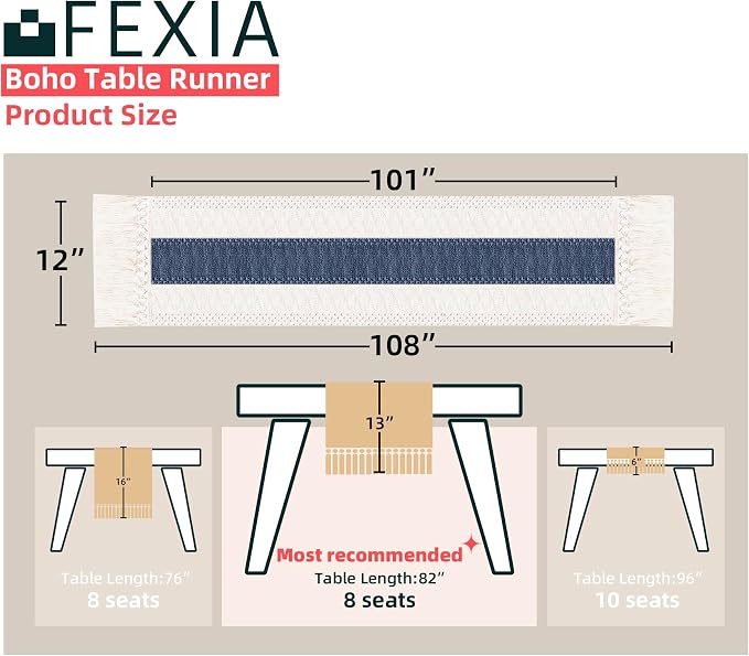 FEXIA Boho Blue Table Runner 108 Inches Long - Image 2