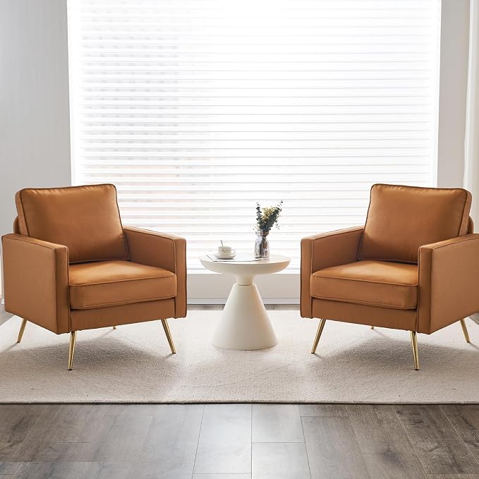 VINGLI PU Leather Accent Chair Brown Mid Century Modern Upholstered Sofa Chairs - Image 9
