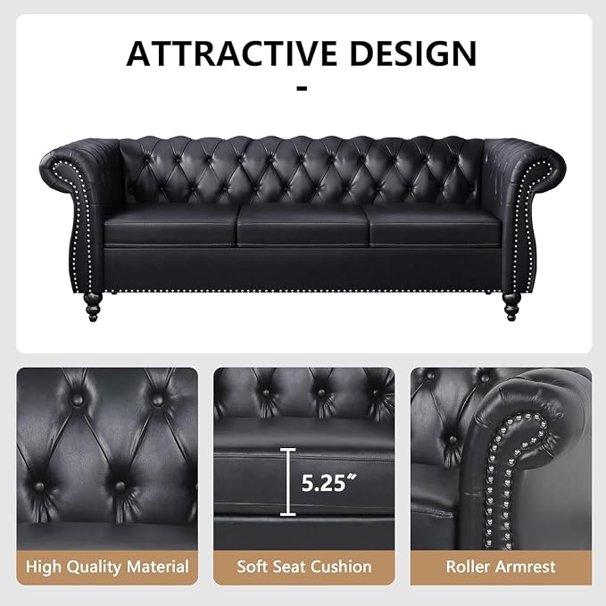 Mid-Century 3 Seater Sofa, Faux Leather Couch - Image 5