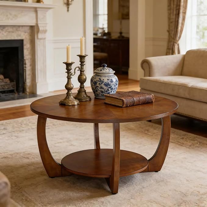 29.5" Round Coffee Table, 2-Tier Circle Coffee Table by MIAUWUUFHOME