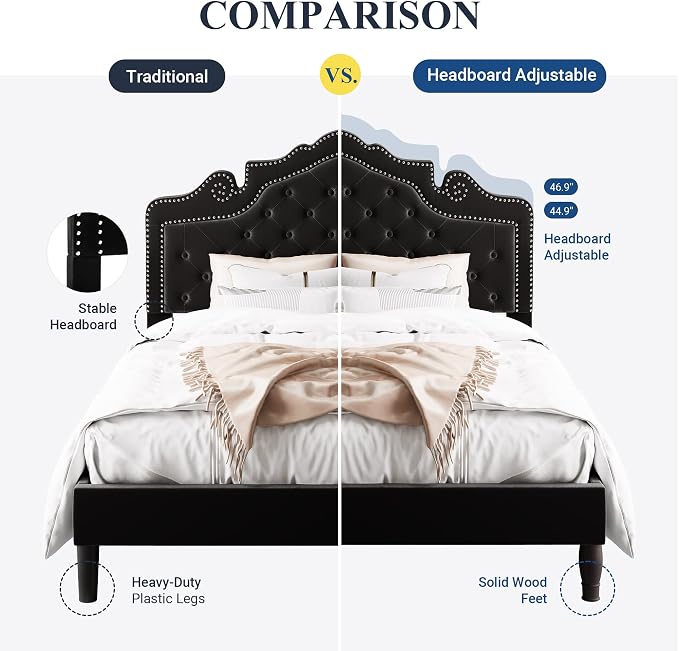 Allewie King Bed Frame with Adjustable Velvet Tiara Headboard, Upholstered - Image 5
