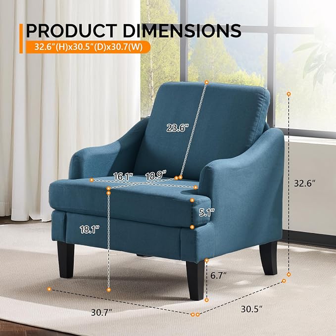 VINGLI Linen Fabric Accent Chair Navy Blue, Modern Upholstered Armchair - Image 2