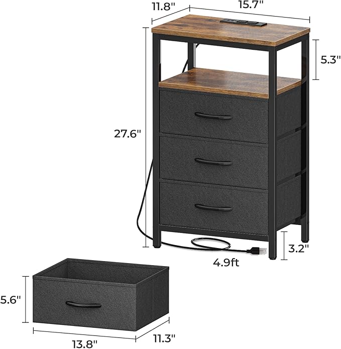 Huuger Nightstand with Charging Station, 27.6 Inch End Table Bedside Table with - Image 7