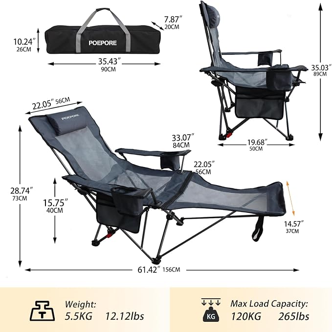 Reclining Camping Chair with Removable Footrest Lounge Chair with Headrest - Image 3