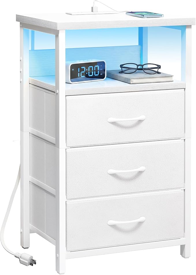 Fixwal White Nightstand with Charging Station, LED Night Stand with 3 Fabric by Fixwal