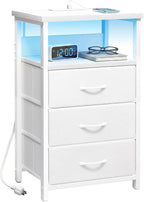 Fixwal White Nightstand with Charging Station, LED Night Stand with 3 Fabric by Fixwal