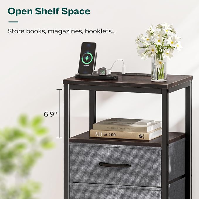 Huuger Nightstand with Charging Station, Fabric Drawers, End Table with Open - Image 7