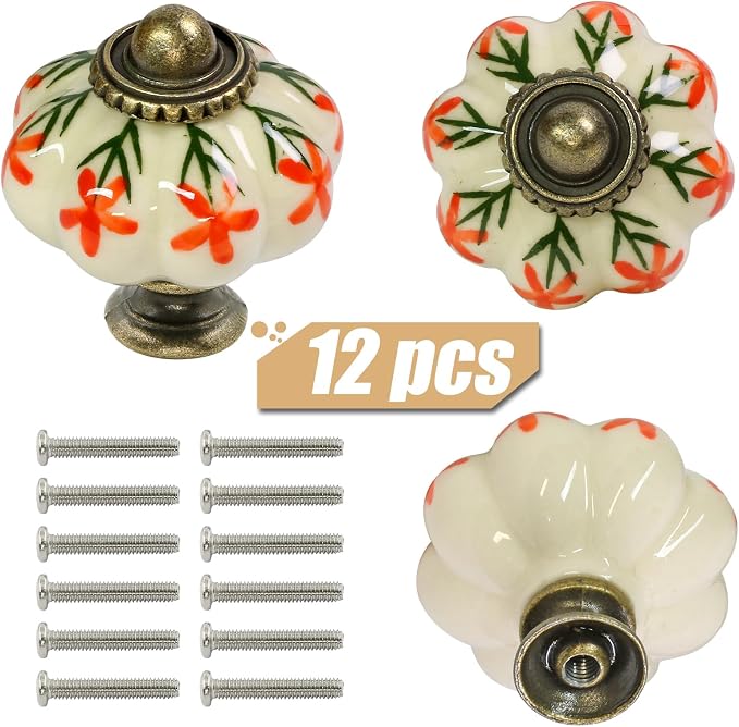 Ivory & Orange Pumpkin Knobs 12 Pack Ceramic Cabinet Knobs Vintage Drawer Pulls - Image 3