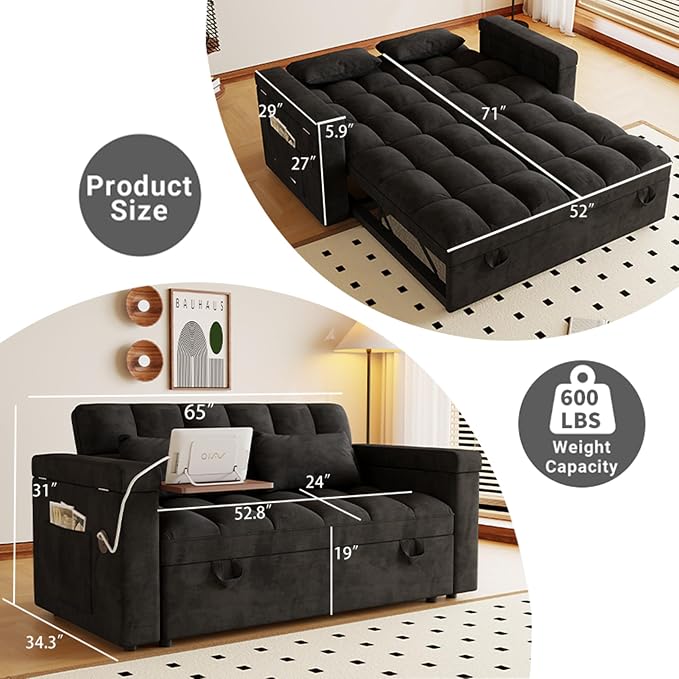 3 in 1 Convertible Sleeper Sofa, 65in Sleeper Couch - Image 2