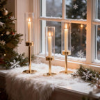 Gold Hurricane Candle Holders Set of 3, Tall Metal & Windproof Glass Taper - Image 2