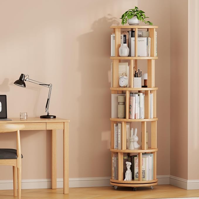 Muwuele Solid Wood Rotating Bookshelf on Wheels, 5 Tier, Round Revolving - Image 9