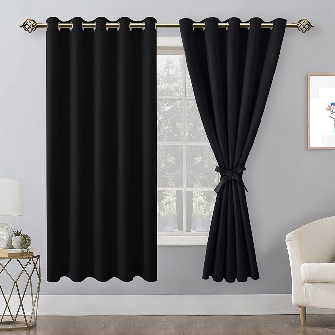 Blackout Curtains for Bedroom, 60 x 63 Inches Length Black 2 Panels | Thermal - Image 8