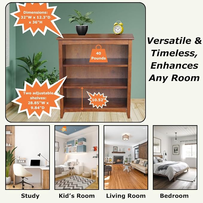 Solid Wood Bookcase 36" High, Adjustable Shelves, Kitchen/Dining Furniture - Image 4